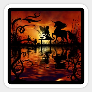 Wonderful fairy with unicorn in the sunet Sticker